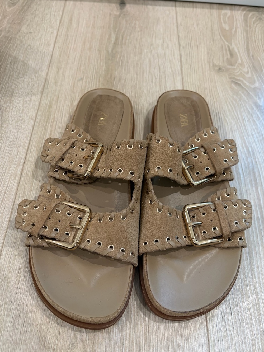 Zara Beige Suede Double-Buckle Slide Sandals